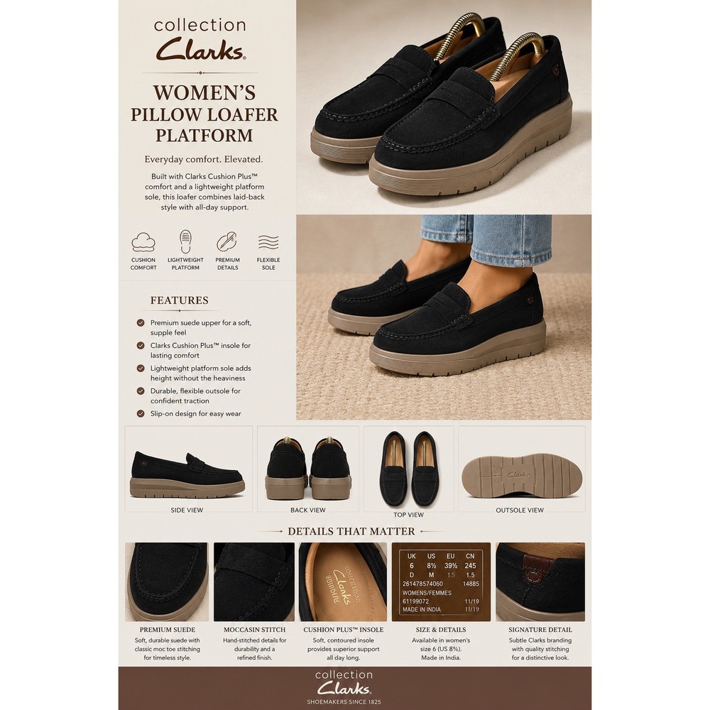 Clarks Cushion Plus Black Leather Penny Loafers Womens 8.5 M 261478574060